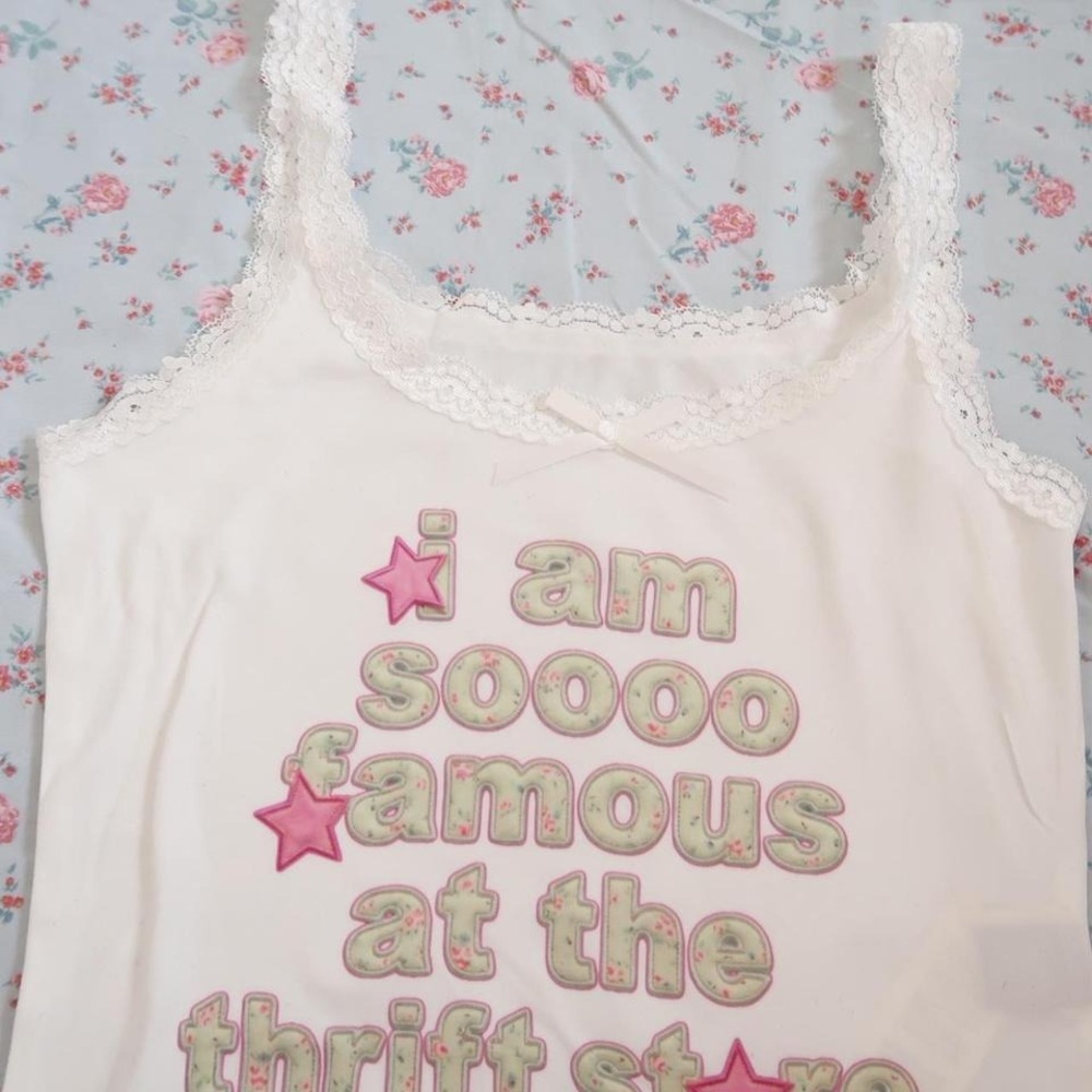 i am so famous at the thrift store cami lace trim baby tee y2k - Picture 2 of 4